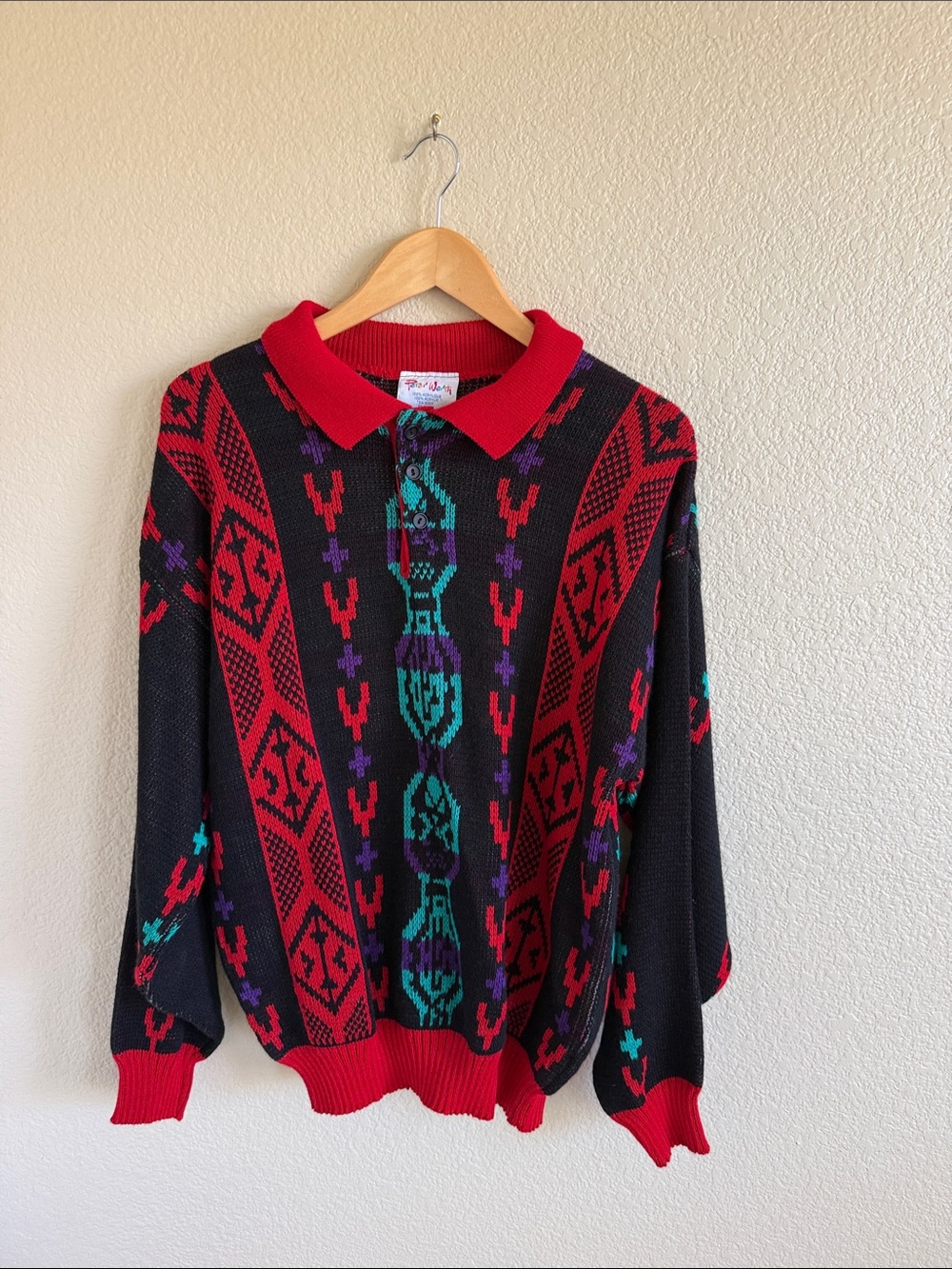 Men's Peter Werth Patterned Knit Polo Sweater with Red Collar